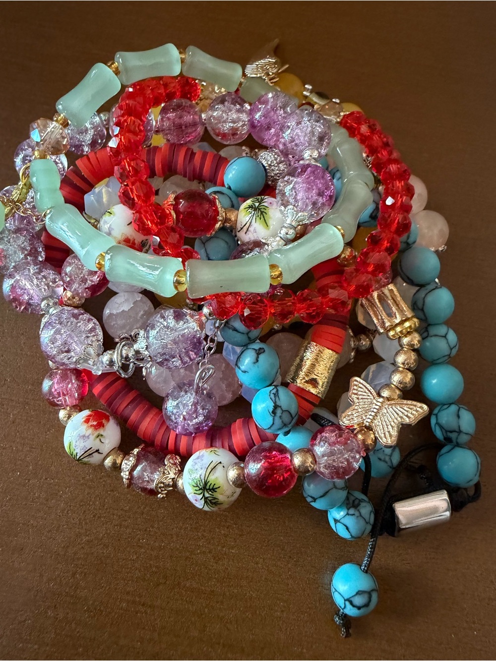 Stacked Multicolor Beaded Women's Bracelet Set - Red, Turquoise & Pink